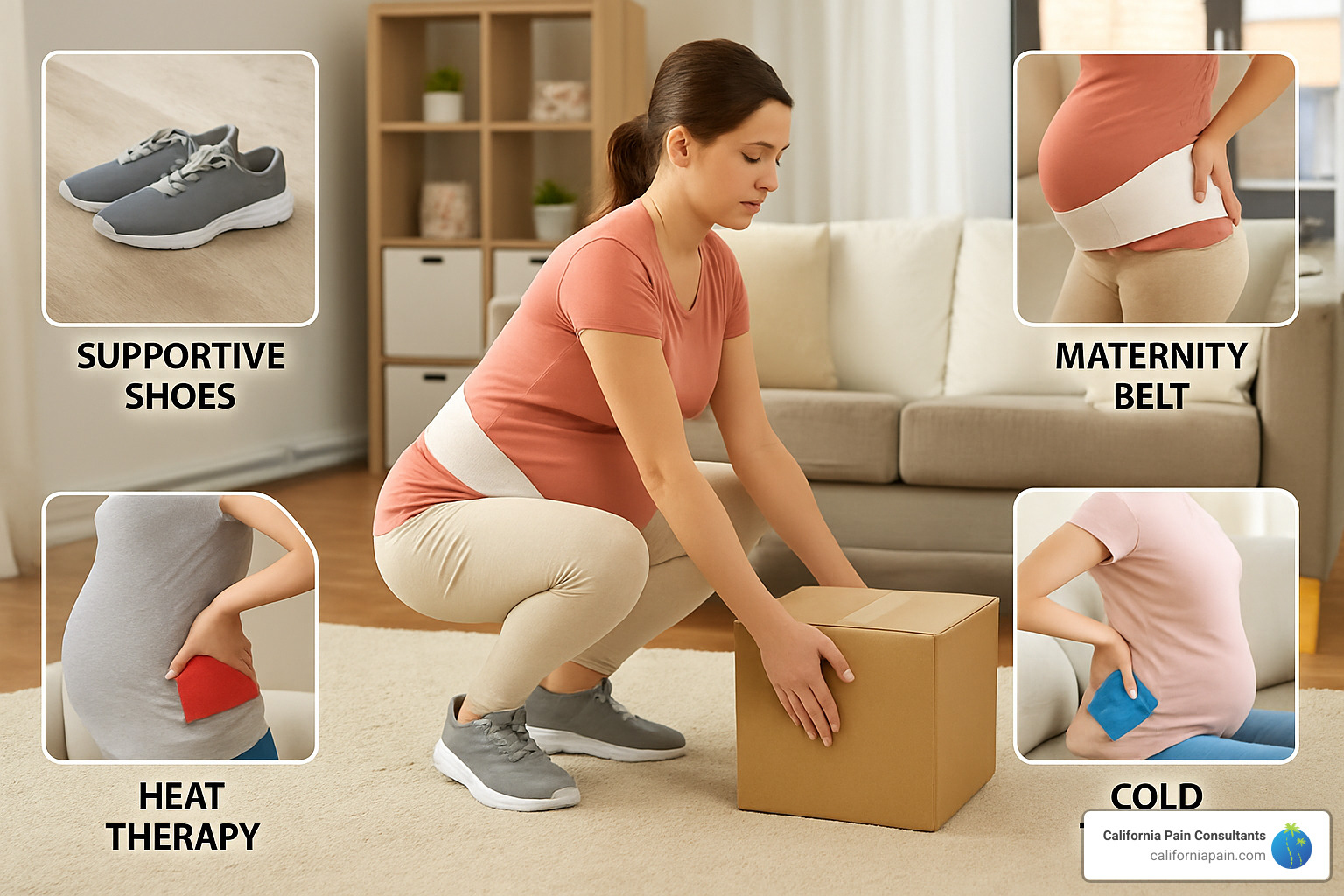 Step-by-step demonstration of proper lifting technique during pregnancy, showing a pregnant woman squatting with straight back, lifting with legs, and holding objects close to body, alongside images of supportive shoes, maternity belt, and heat/cold therapy applications - pregnancy back pain relief Step-by-step demonstration of proper lifting technique during pregnancy, showing a pregnant woman squatting with straight back, lifting with legs, and holding objects close to body, alongside images of supportive shoes, maternity belt, and heat/cold therapy applications - pregnancy back pain relief