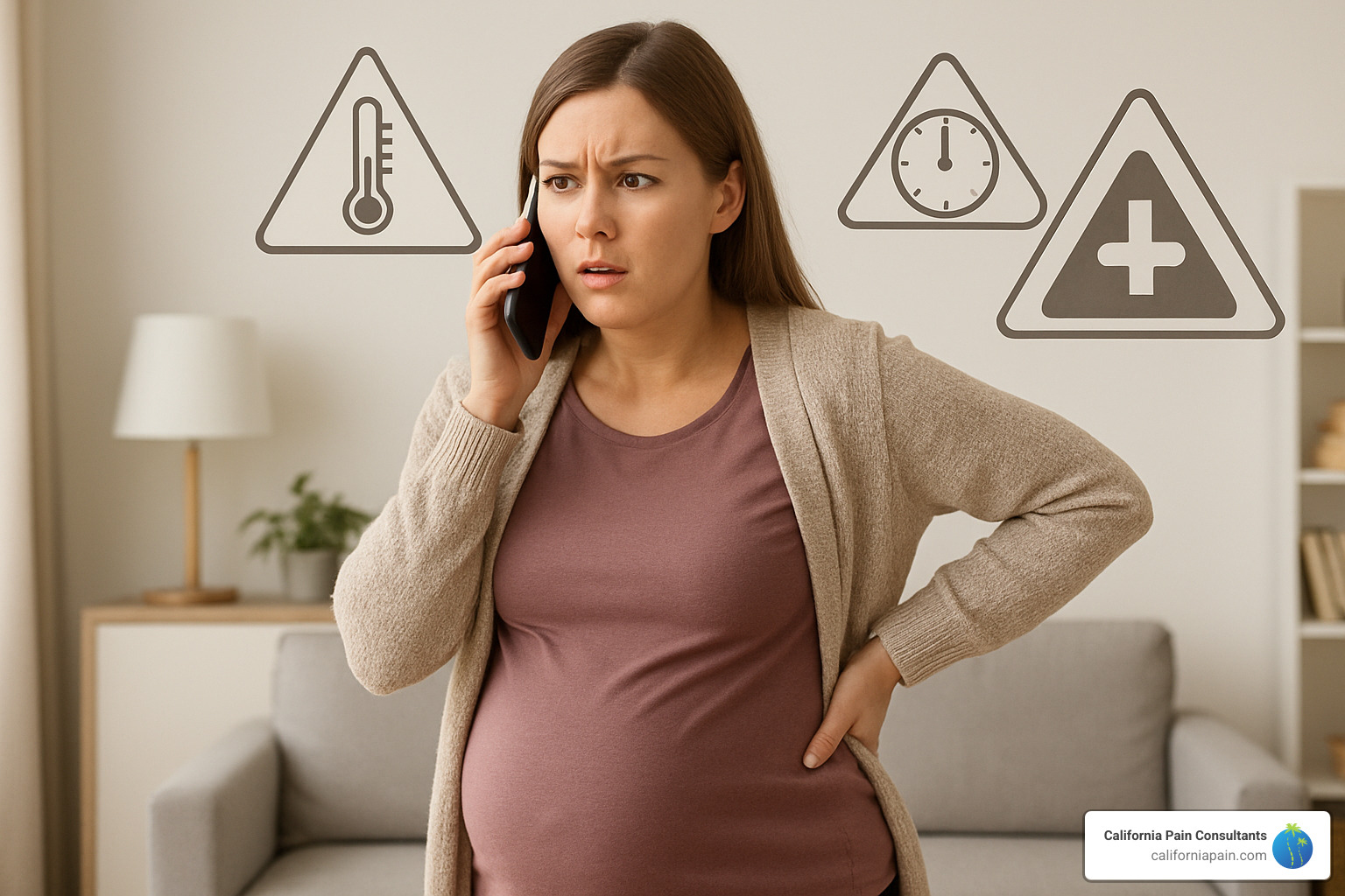 Concerned pregnant woman holding her lower back while speaking on phone to healthcare provider, with warning signs symbols in background including thermometer for fever, clock showing time duration, and medical alert icons - pregnancy back pain relief Concerned pregnant woman holding her lower back while speaking on phone to healthcare provider, with warning signs symbols in background including thermometer for fever, clock showing time duration, and medical alert icons - pregnancy back pain relief