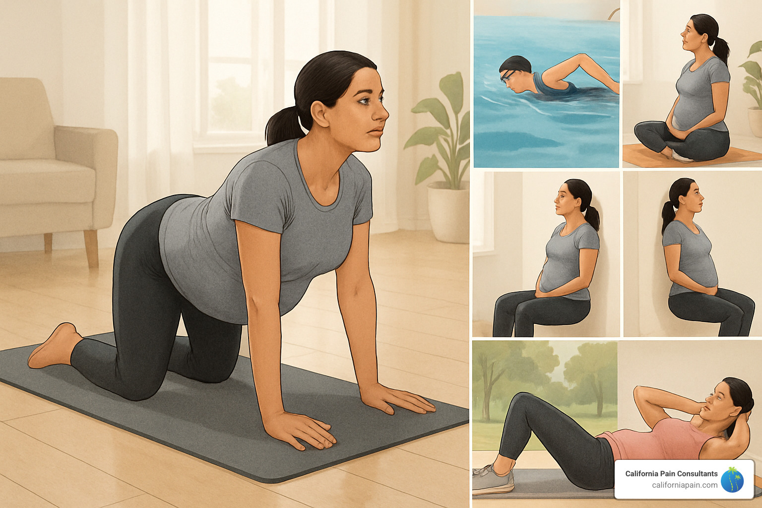 Pregnant woman demonstrating cat-cow stretch on hands and knees, prenatal yoga poses, swimming in pool, walking outdoors, pelvic tilts against wall, and gentle core strengthening exercises with proper form and modifications - pregnancy back pain relief Pregnant woman demonstrating cat-cow stretch on hands and knees, prenatal yoga poses, swimming in pool, walking outdoors, pelvic tilts against wall, and gentle core strengthening exercises with proper form and modifications - pregnancy back pain relief