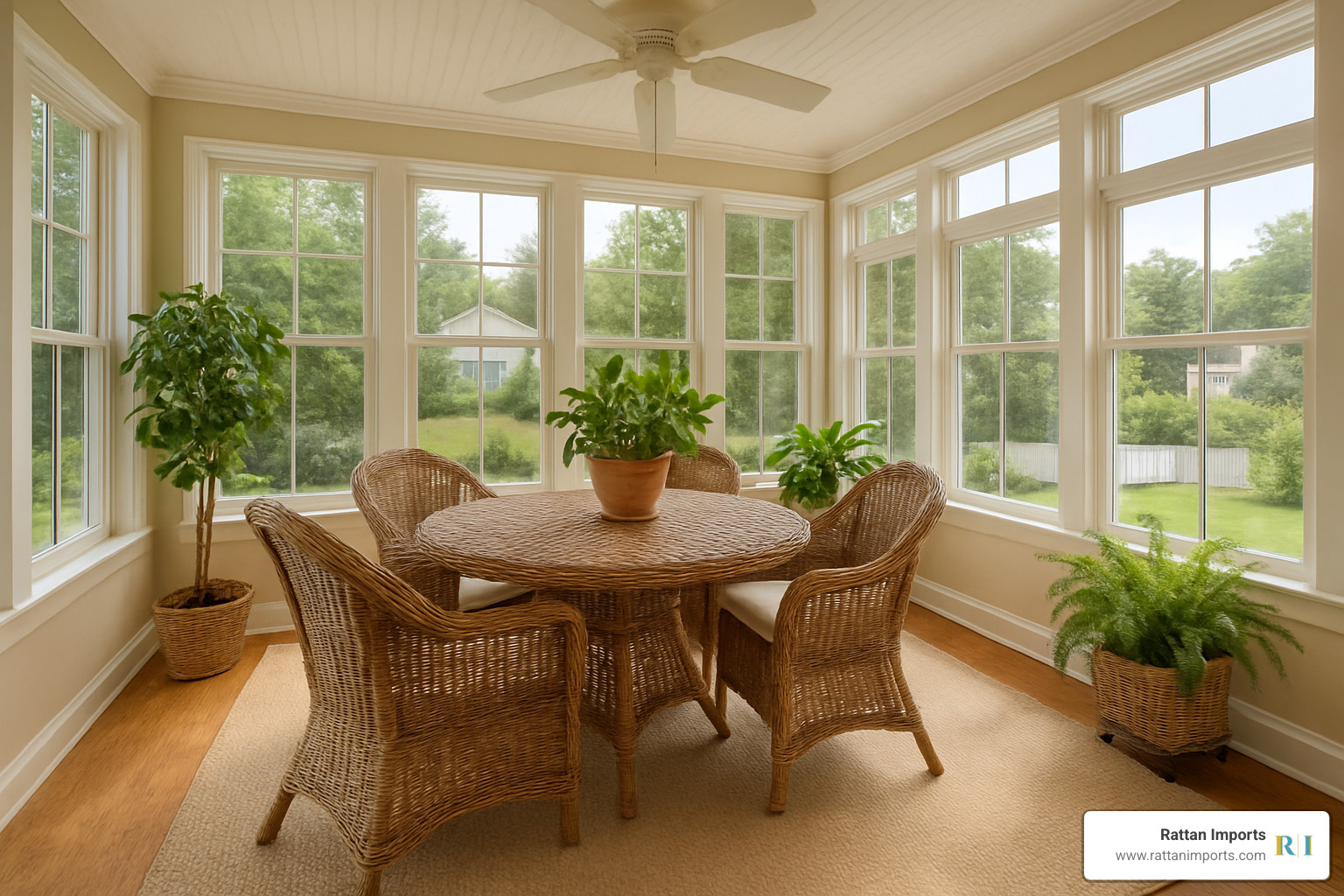 Indoor sunroom with wicker dining table setup - wicker dining table