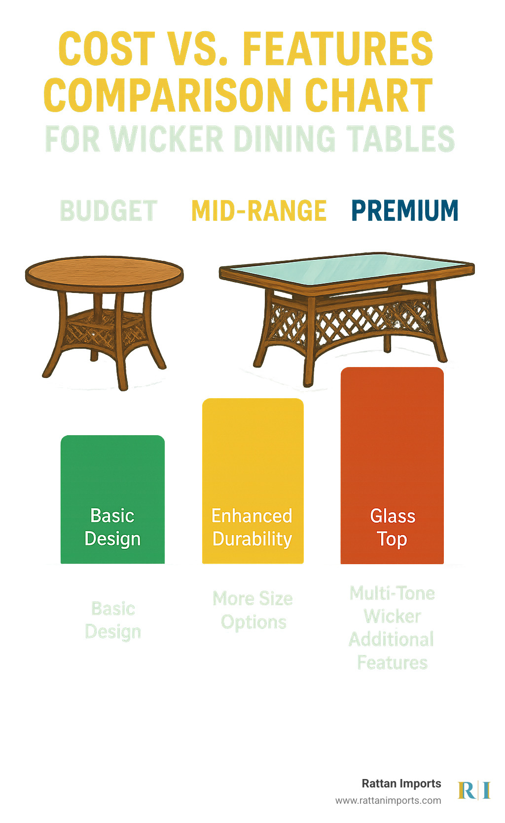 Cost versus features comparison chart for wicker dining tables showing budget, mid-range, and premium options - wicker dining table infographic 