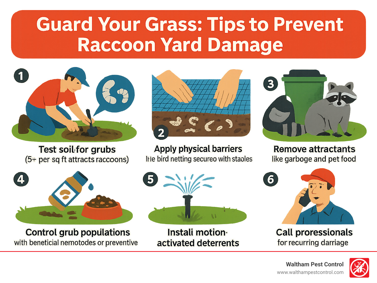 Infographic showing raccoon yard damage prevention steps: 1. Test soil for grubs (5+ per sq ft attracts raccoons), 2. Apply physical barriers like bird netting secured with staples, 3. Control grub populations with beneficial nematodes or preventive treatments, 4. Remove attractants like garbage and pet food, 5. Install motion-activated deterrents, 6. Call professionals for recurring damage - raccoons tearing up yard infographic