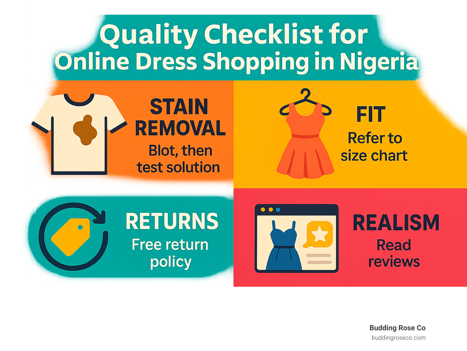 Quality checklist infographic for online dress shopping in Nigeria - buy dresses online in nigeria infographic 
