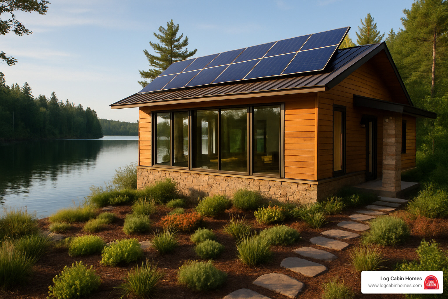 Modern eco-friendly lake cabin featuring solar panels, large windows, natural materials, and sustainable landscaping integrated into a pristine lakefront setting - custom lake cabin builders