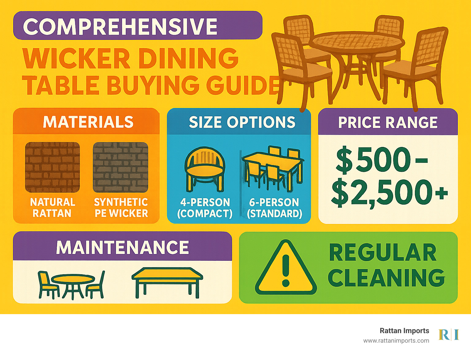Comprehensive wicker dining table buying guide showing materials comparison, size options, price ranges, and maintenance requirements in visual format - wicker dining table infographic 