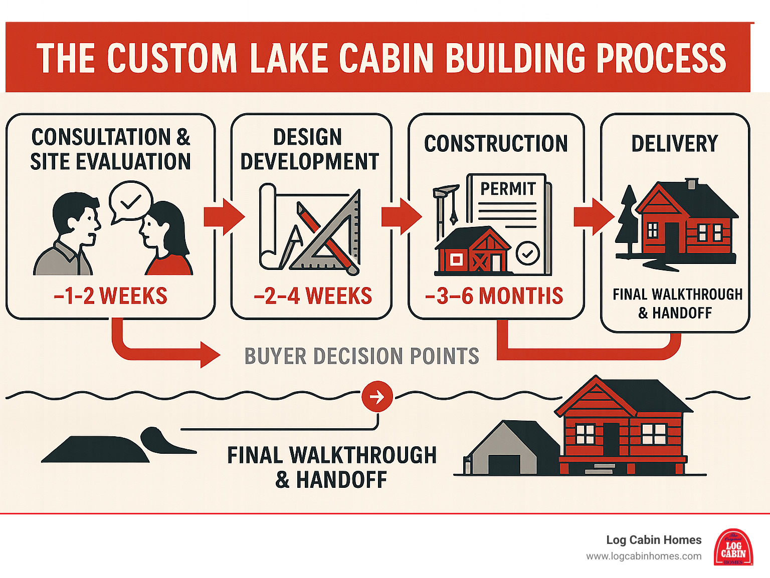 Infographic showing the complete custom lake cabin building process from initial consultation and site evaluation through design development, permitting, construction phases, and final delivery, with typical timelines for each stage and key decision points for buyers - custom lake cabin builders infographic 