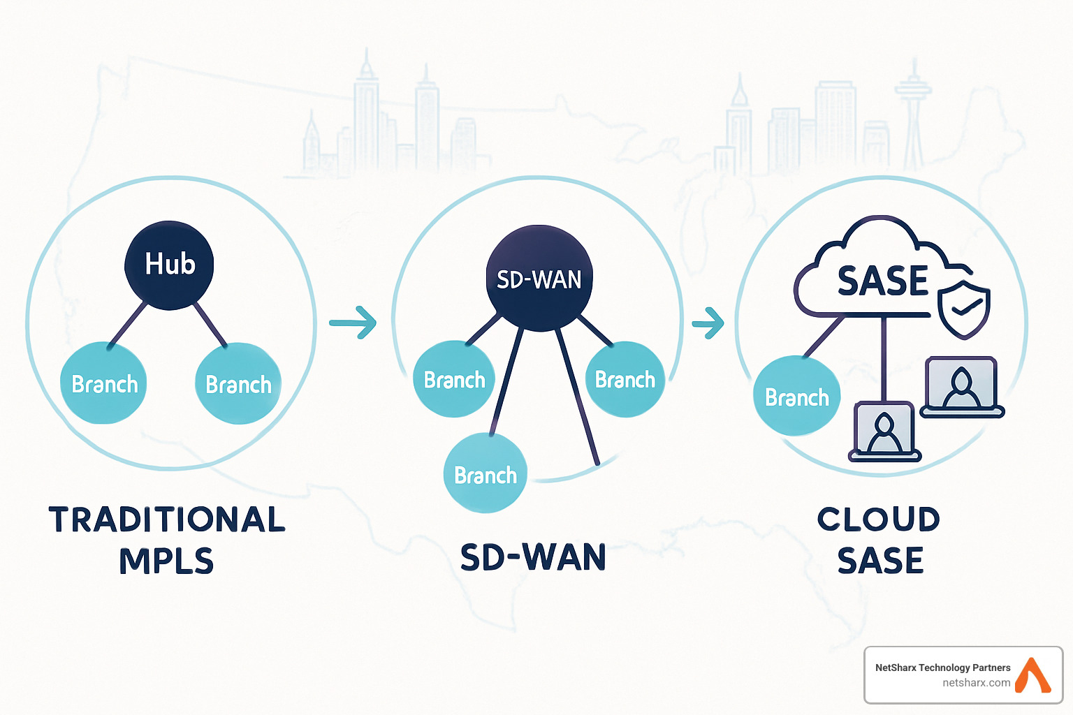 Modern network architecture showing evolution from MPLS to SD-WAN to SASE - sase sd wan