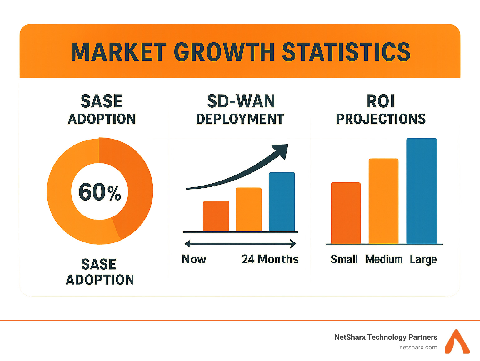 Market growth statistics showing SASE adoption rates, SD-WAN deployment timeline, and ROI projections for different organization sizes - sase sd wan infographic