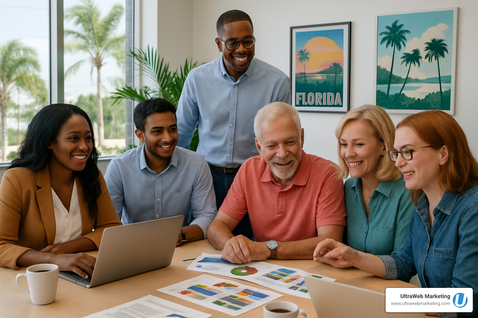 Local advertising agency team meeting with Florida business owners - advertising agencies near me