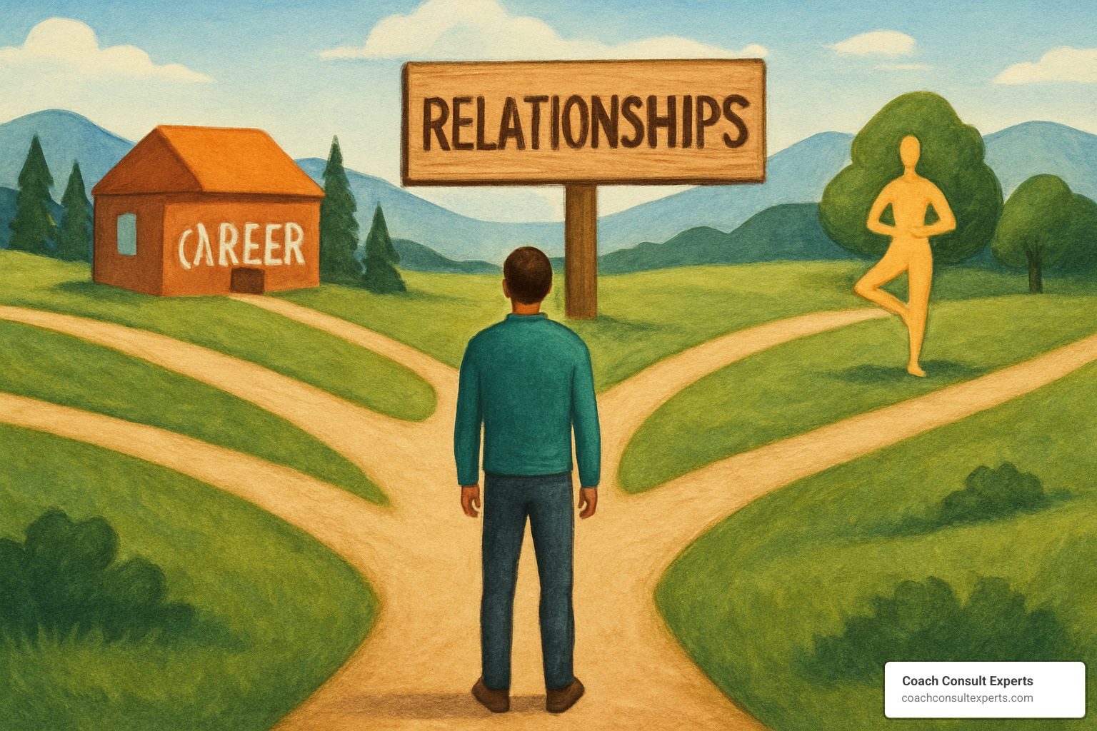 person standing at a crossroads with multiple paths leading to different life outcomes, representing the transformative potential of holistic life coaching - holistic life coaching