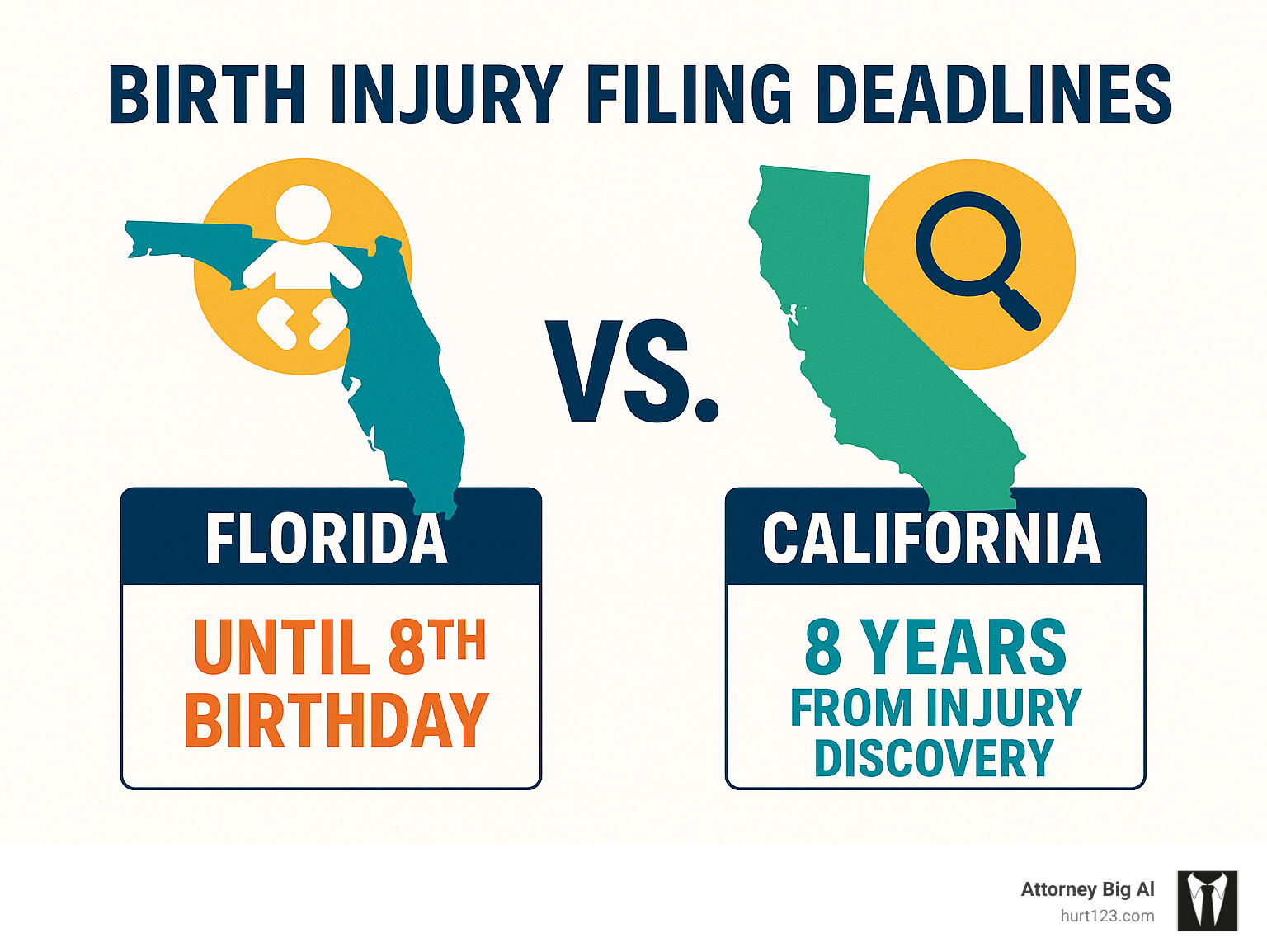 Infographic comparing Florida and California birth injury filing deadlines: FL allows until 8th birthday, CA allows 8 years from injury findy - Hollywood birth injury attorney infographic