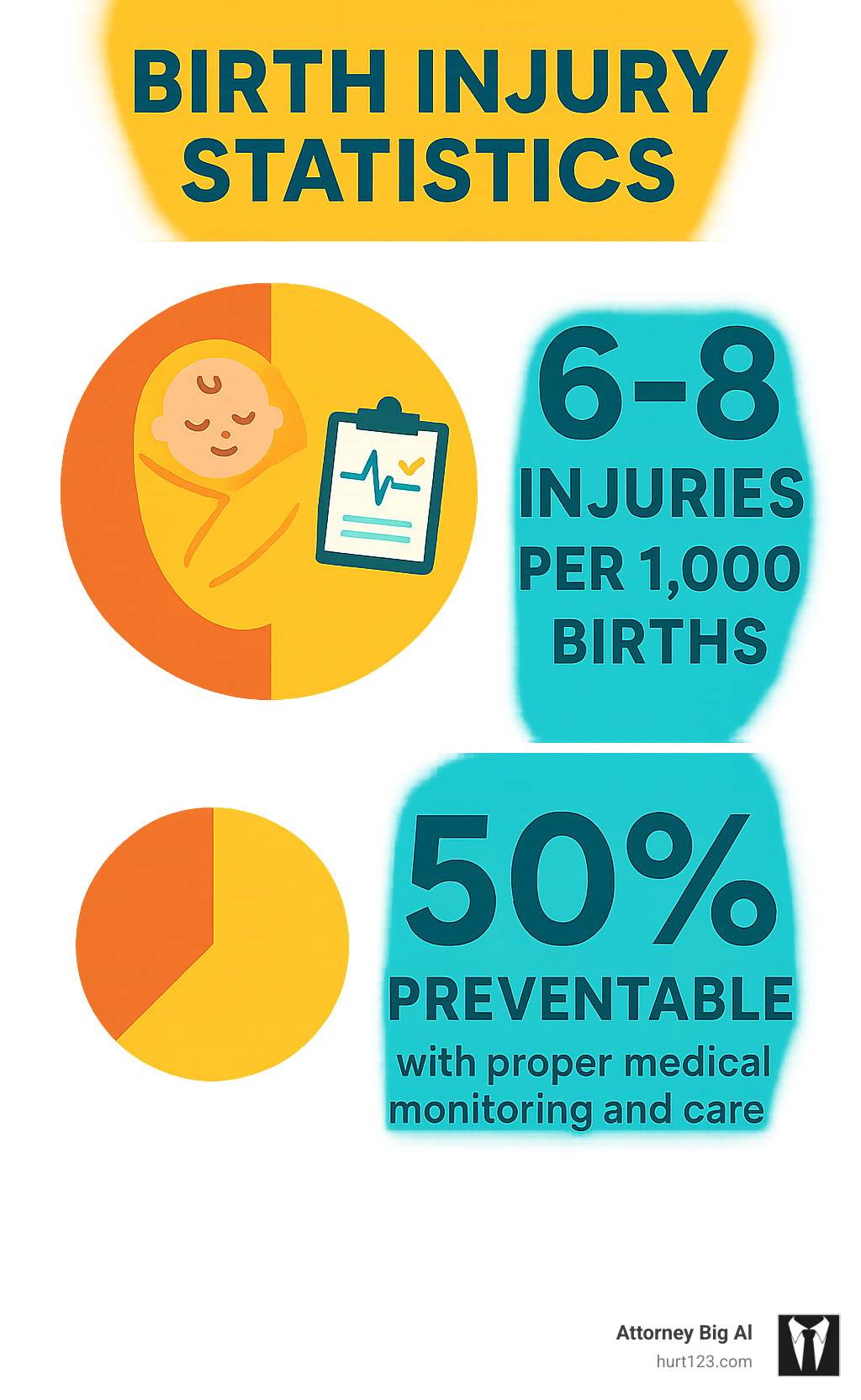Infographic showing birth injury statistics: 6-8 injuries per 1,000 births nationally, with 50% being preventable through proper medical monitoring and care - Hollywood birth injury attorney infographic