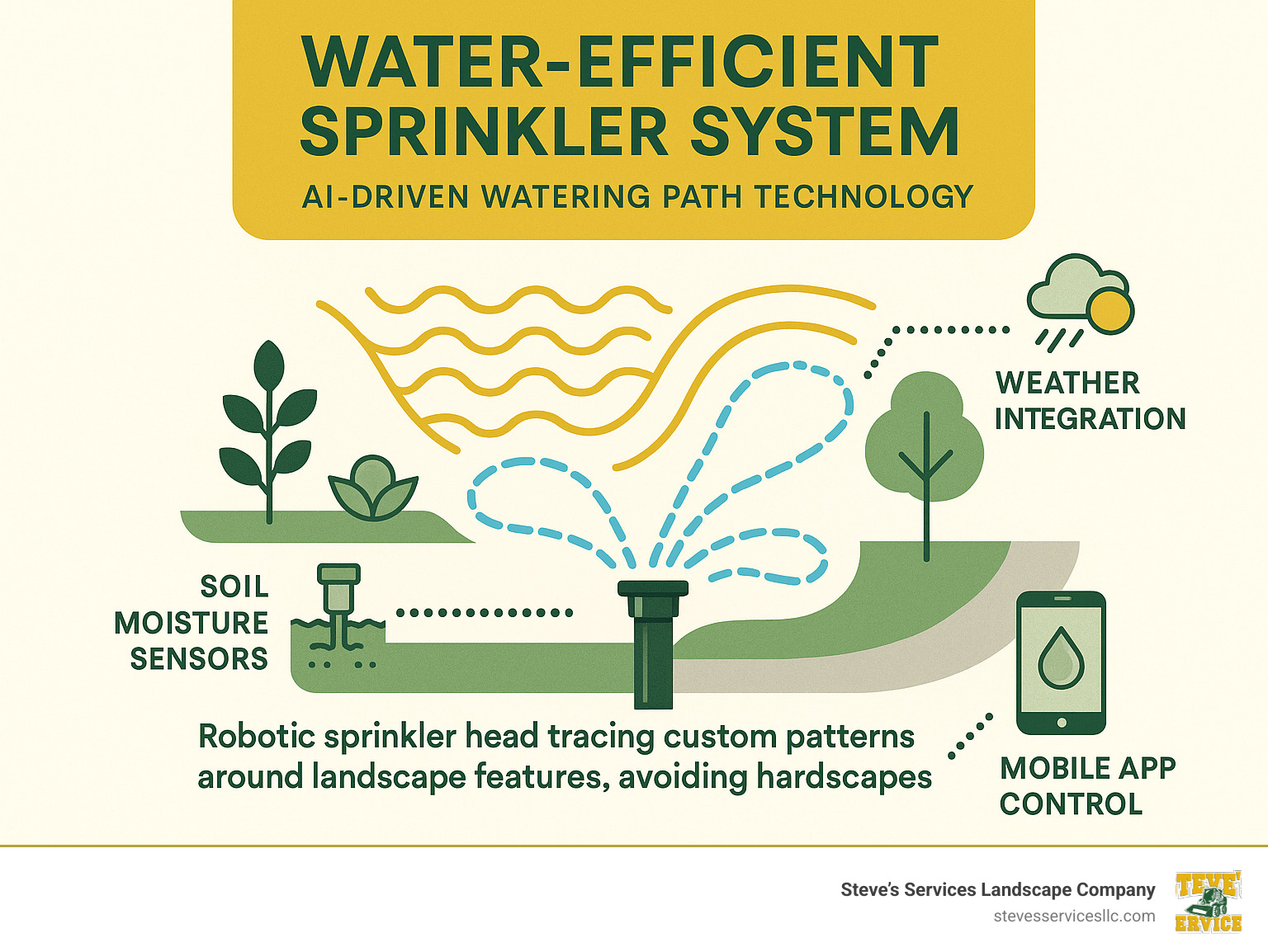 Detailed infographic showing AI-driven watering path technology: robotic sprinkler head tracing custom patterns around landscape features, avoiding hardscapes, with data streams showing weather integration, soil moisture feedback, and mobile app control - water efficient sprinkler system infographic