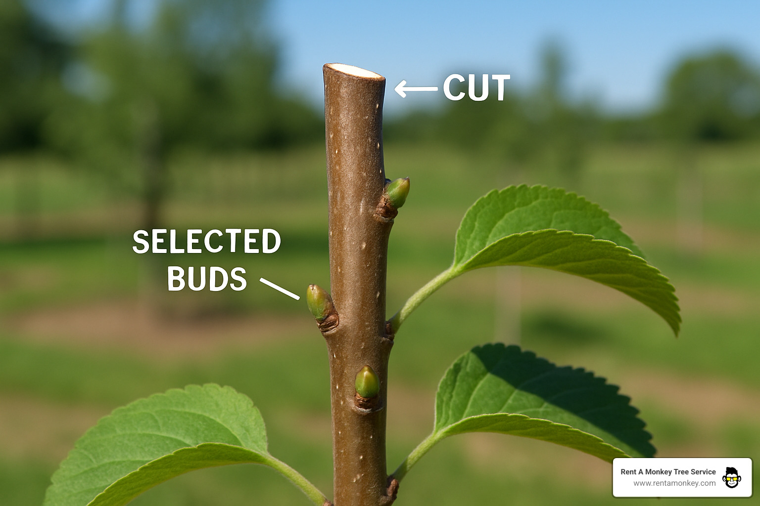 First-year central leader heading cut at proper height with selected buds visible - fruit tree pruning First-year central leader heading cut at proper height with selected buds visible - fruit tree pruning