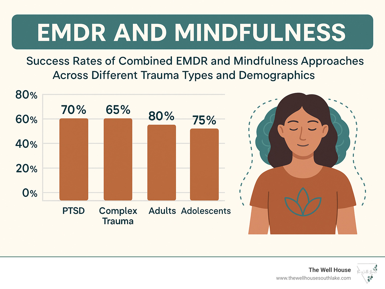 Statistical chart showing success rates of combined EMDR and mindfulness approaches across different trauma types and demographics - emdr and mindfulness infographic 