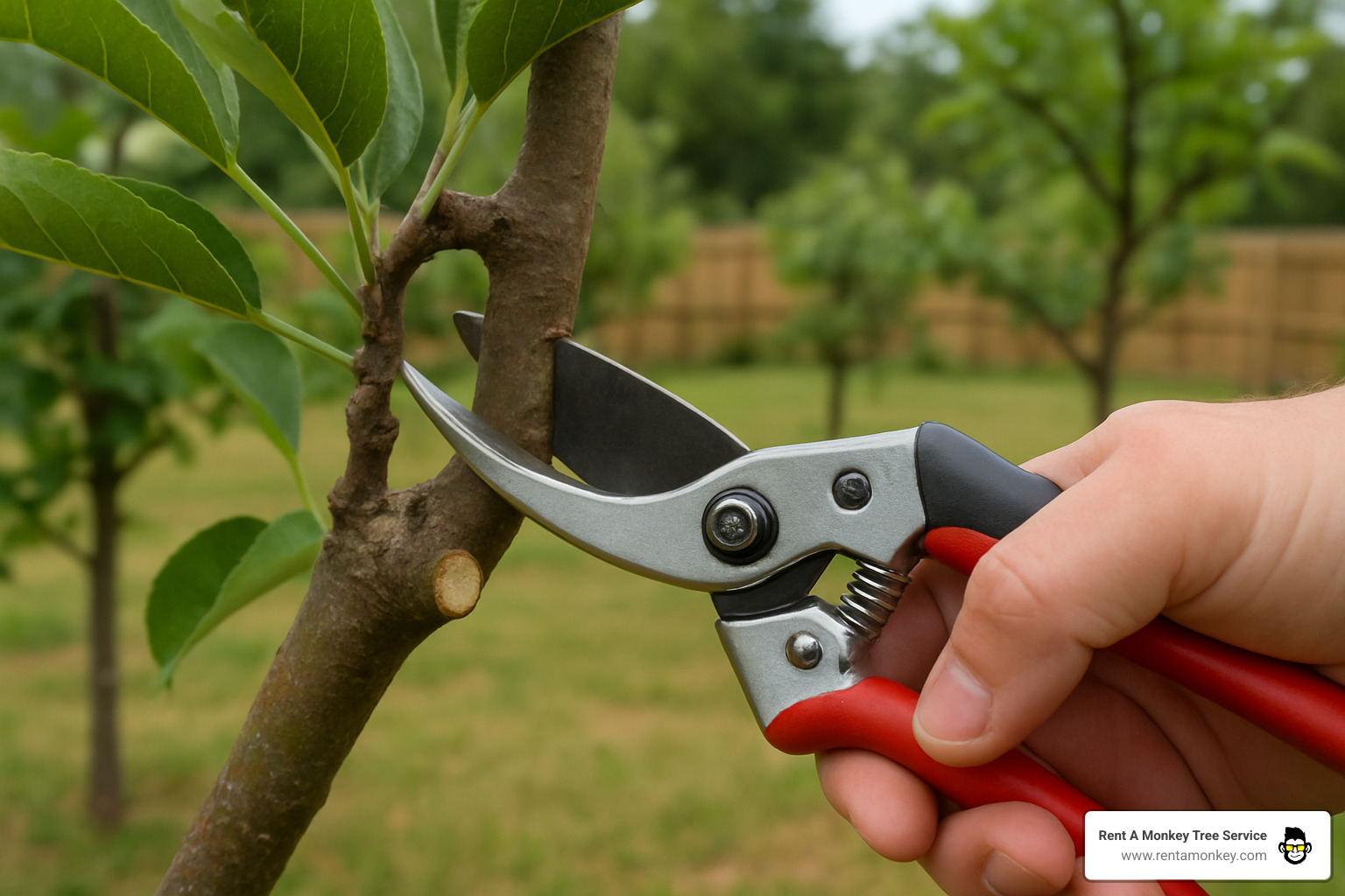 Perfect branch collar cut demonstration showing proper cutting angle and collar preservation - fruit tree pruning Perfect branch collar cut demonstration showing proper cutting angle and collar preservation - fruit tree pruning