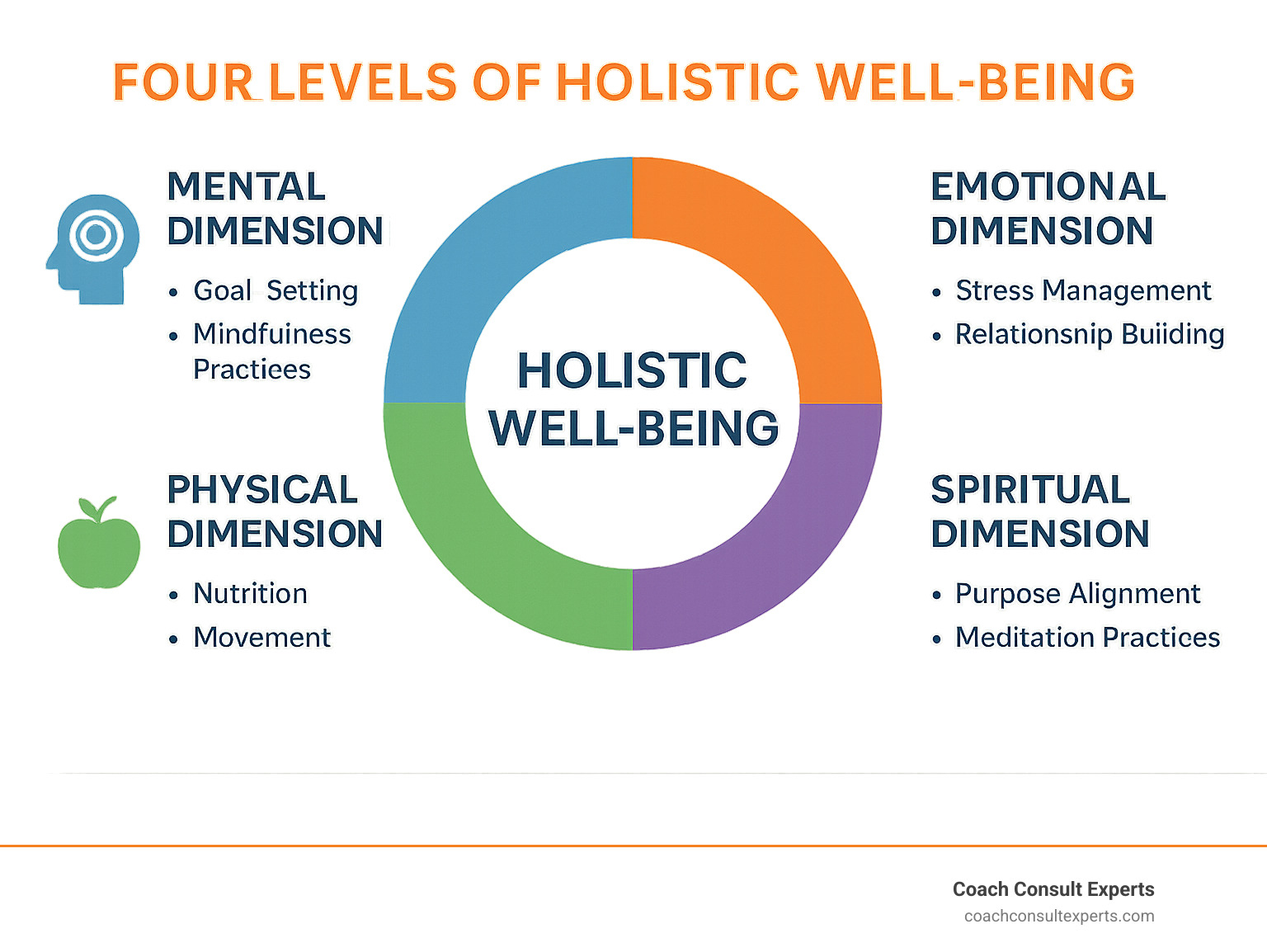 Infographic showing the four levels of holistic well-being: mental dimension with goal-setting and mindfulness practices, emotional dimension with stress management and relationship building, physical dimension with nutrition and movement, and spiritual dimension with purpose alignment and meditation practices - holistic life coaching infographic 