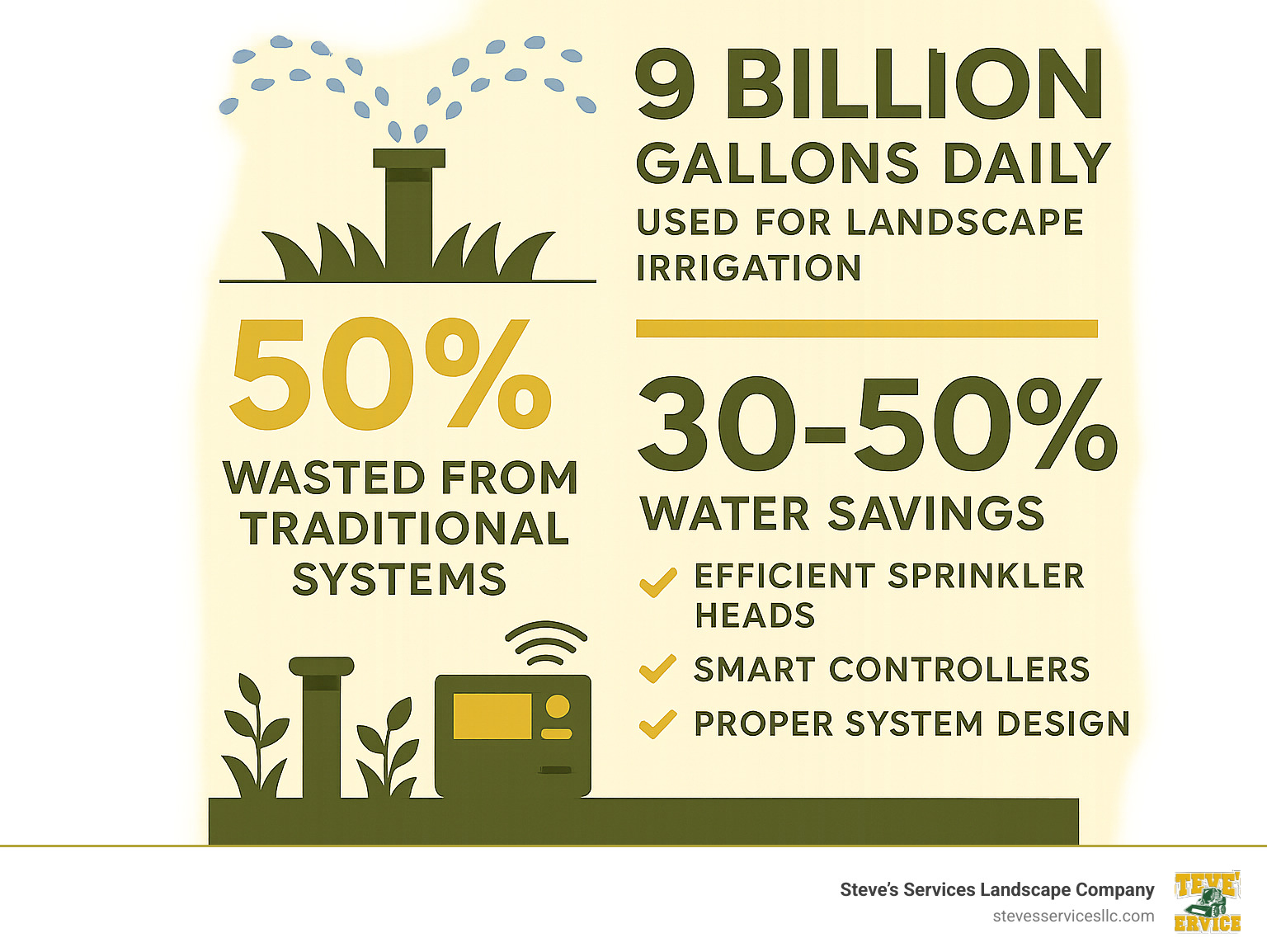Comprehensive infographic showing water waste statistics: 9 billion gallons used daily for landscape irrigation with 50% waste from traditional systems, compared to 30-50% water savings potential from efficient sprinkler heads, smart controllers, and proper system design - water efficient sprinkler system infographic
