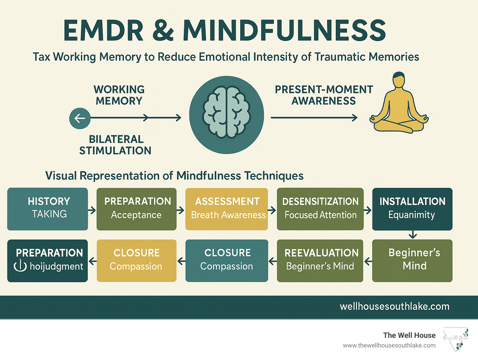 Detailed infographic showing how EMDR's bilateral stimulation and mindfulness practices both work through the working memory system to reduce emotional intensity of traumatic memories, with visual representation of the eight EMDR phases integrated with corresponding mindfulness techniques - emdr and mindfulness infographic 