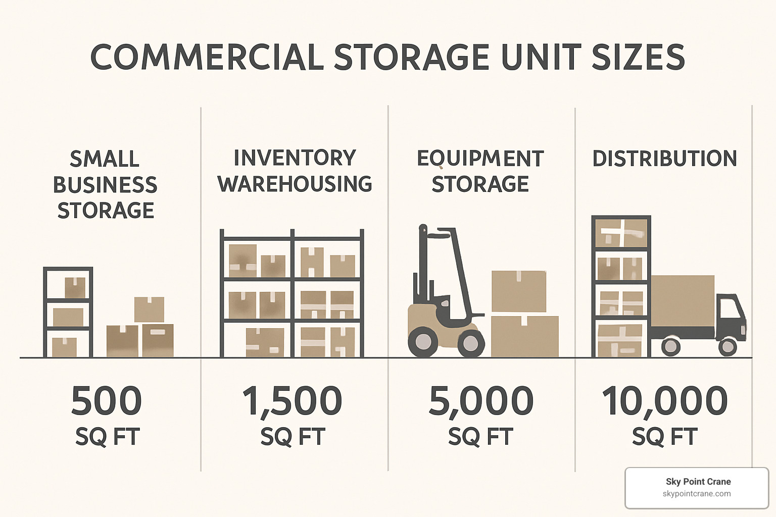 comparison chart showing different commercial storage unit sizes from 500 to 10000 square feet with typical uses - commercial storage buildings for rent