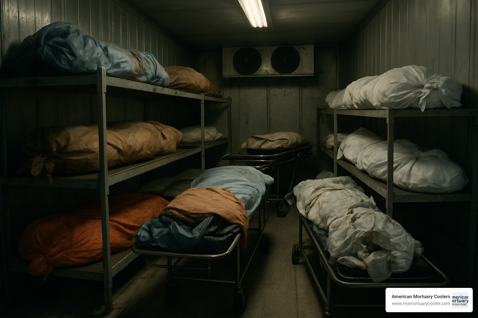 Refrigerated trailer interior showing improper body storage - Heights Crematory in Chicago Heights