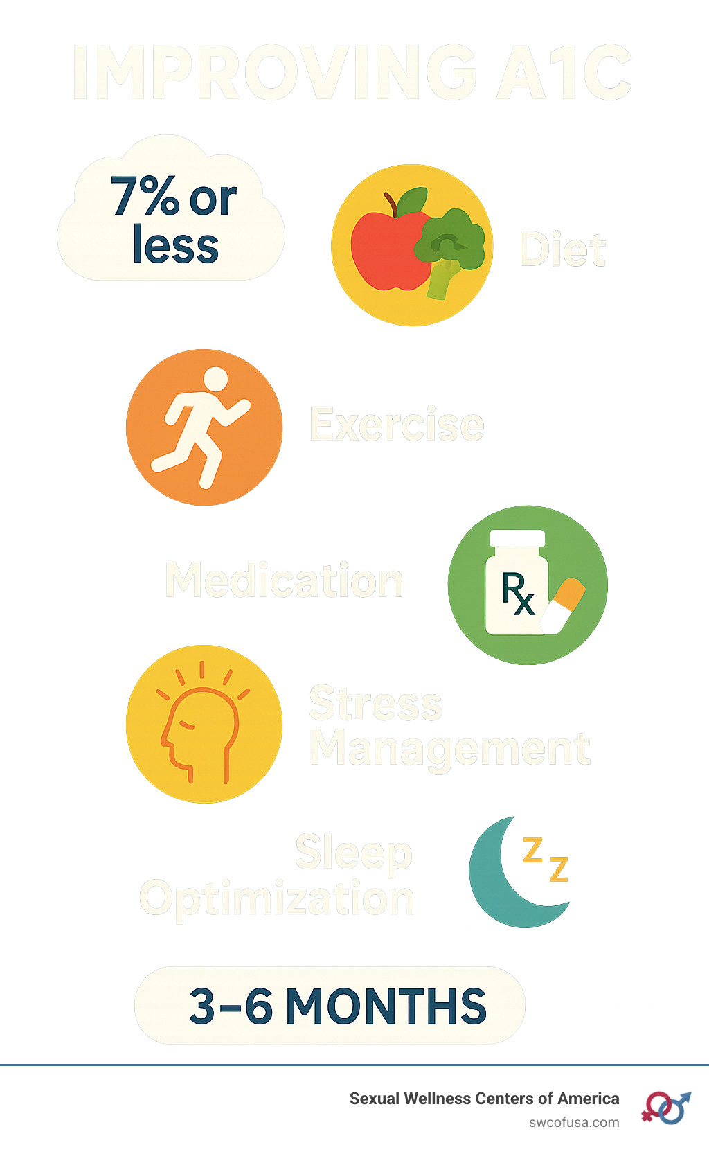 Infographic showing step-by-step process for improving A1C levels through diet, exercise, medication compliance, stress management, and sleep optimization, with target ranges and timelines - diabetes and ED infographic