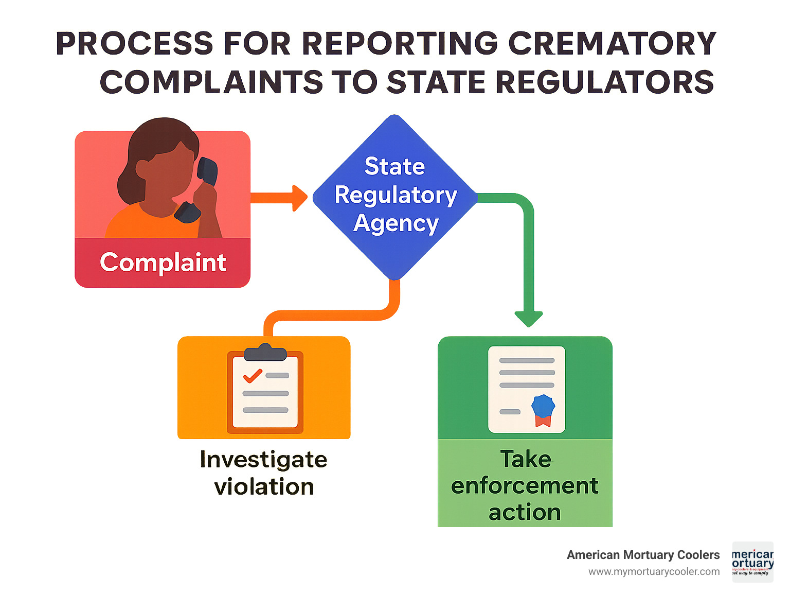 Flowchart showing process for reporting crematory complaints to state regulators - Heights Crematory in Chicago Heights infographic 