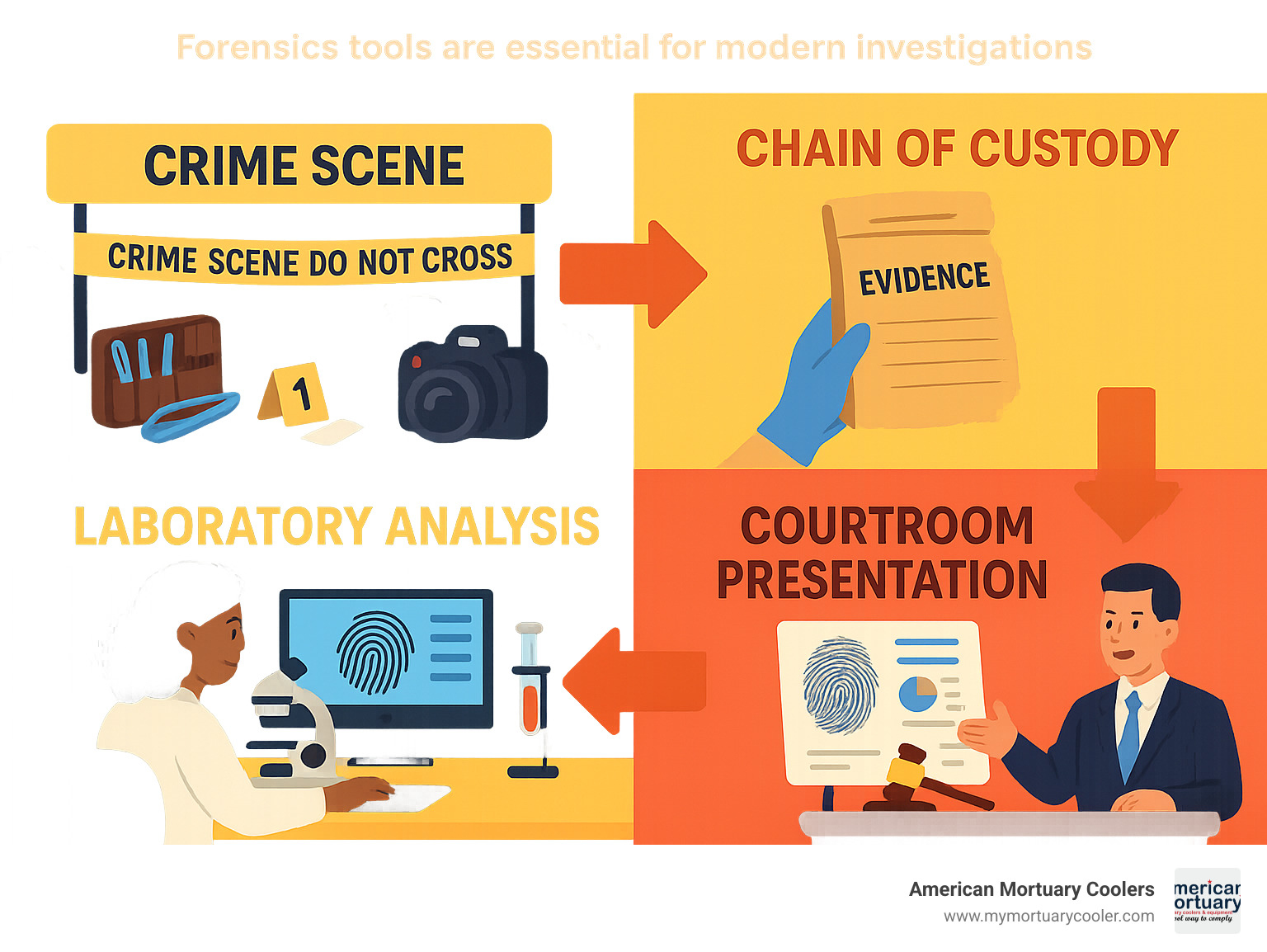 Comprehensive workflow showing forensics tools used from crime scene collection through laboratory analysis to courtroom presentation, including evidence chain of custody documentation - forensics tools infographic 