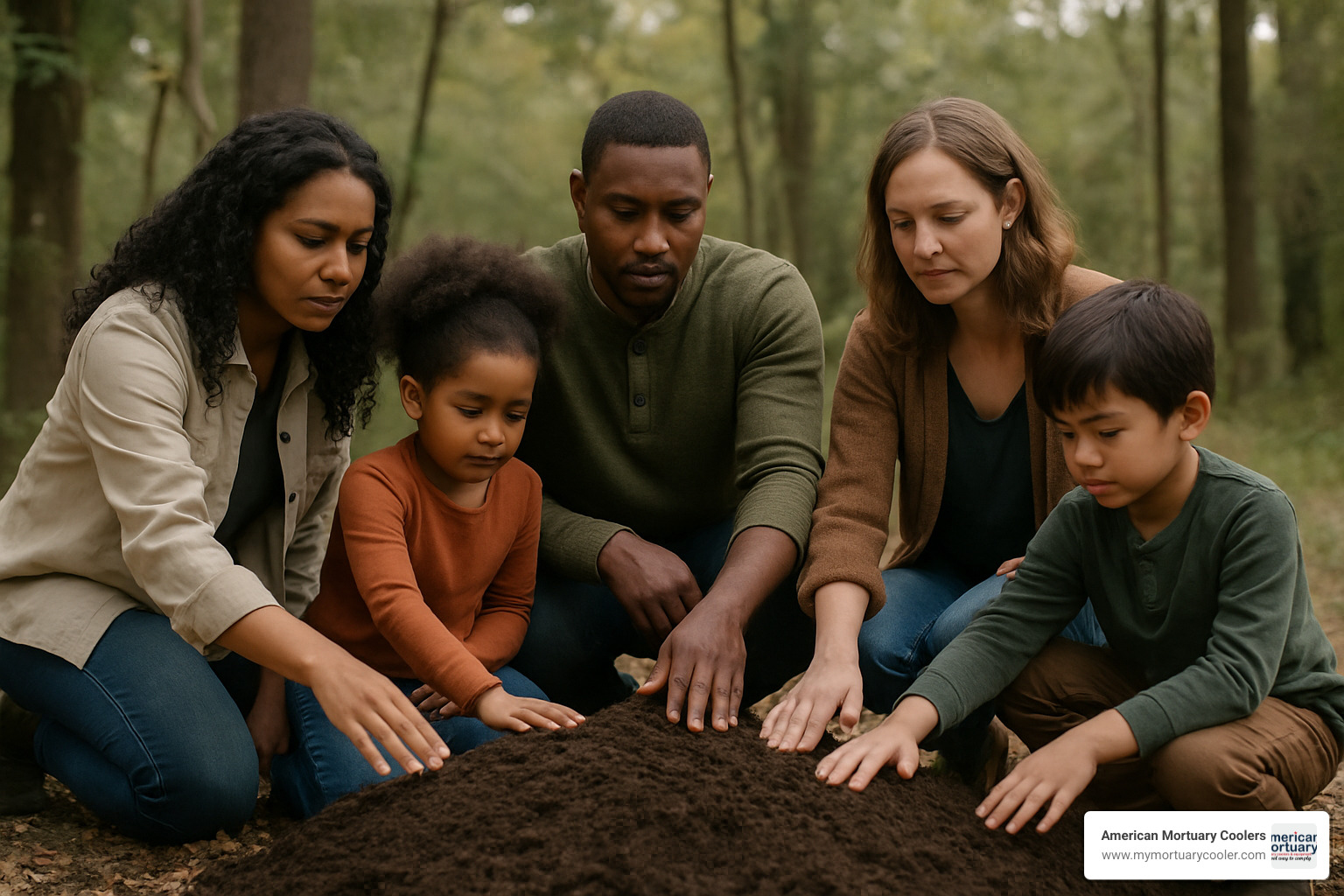 family spreading soil - body turned into compost