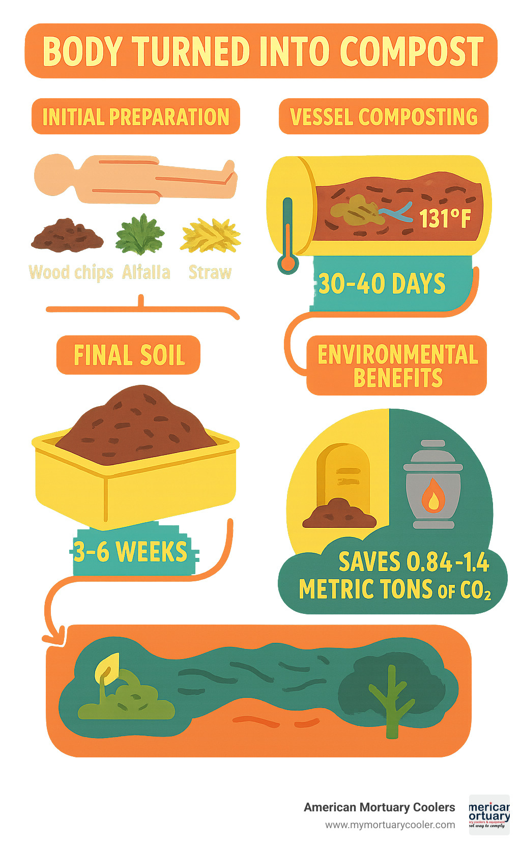 Comprehensive infographic showing the complete human composting process from initial preparation through vessel composting to final soil distribution, including timeline markers, temperature requirements, materials used, and environmental benefits compared to traditional burial and cremation methods - body turned into compost infographic 