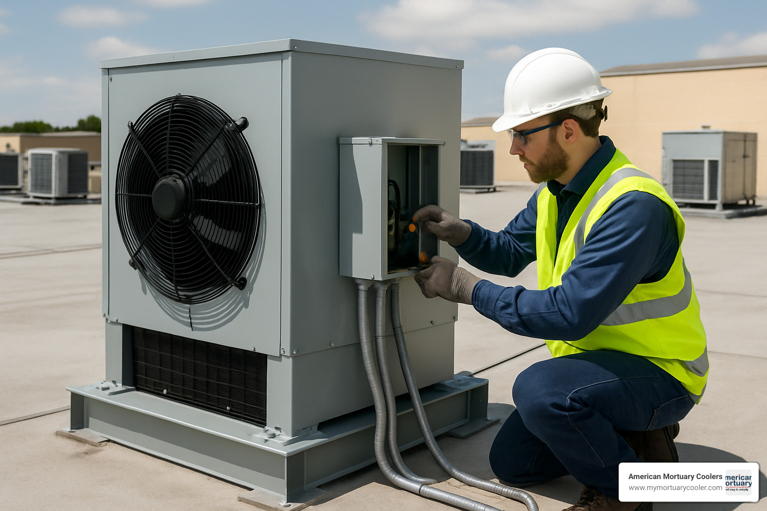 Rooftop condensing unit installation showing proper clearances, weatherproof enclosure, and electrical connections - walk cooler freezer combo