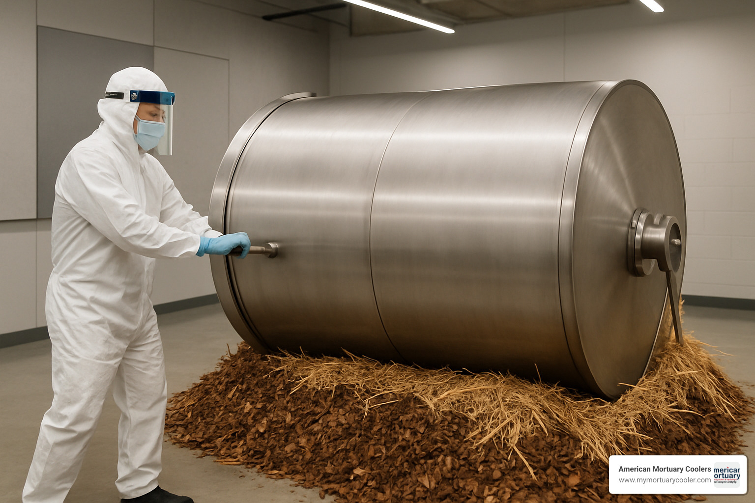 Staff member rotating a human composting vessel to ensure proper aeration and uniform decomposition throughout the process - compost body after death