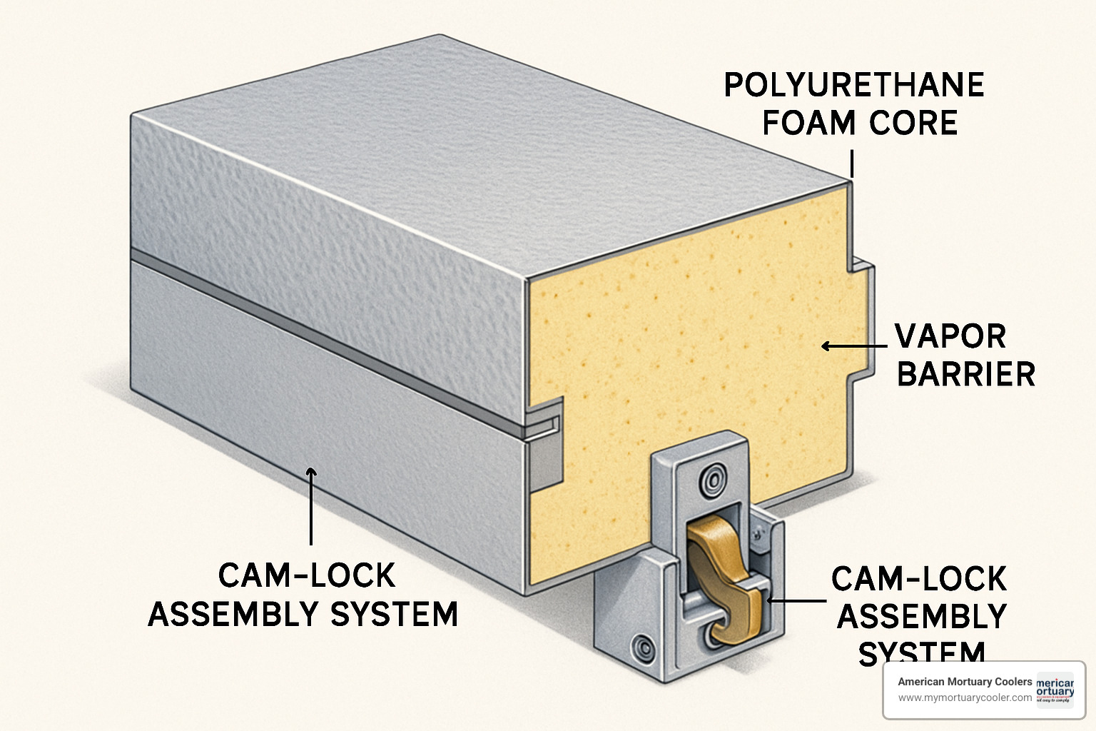 Cross-section view of insulated panel construction showing polyurethane foam core, vapor barriers, and cam-lock assembly system - walk cooler freezer combo