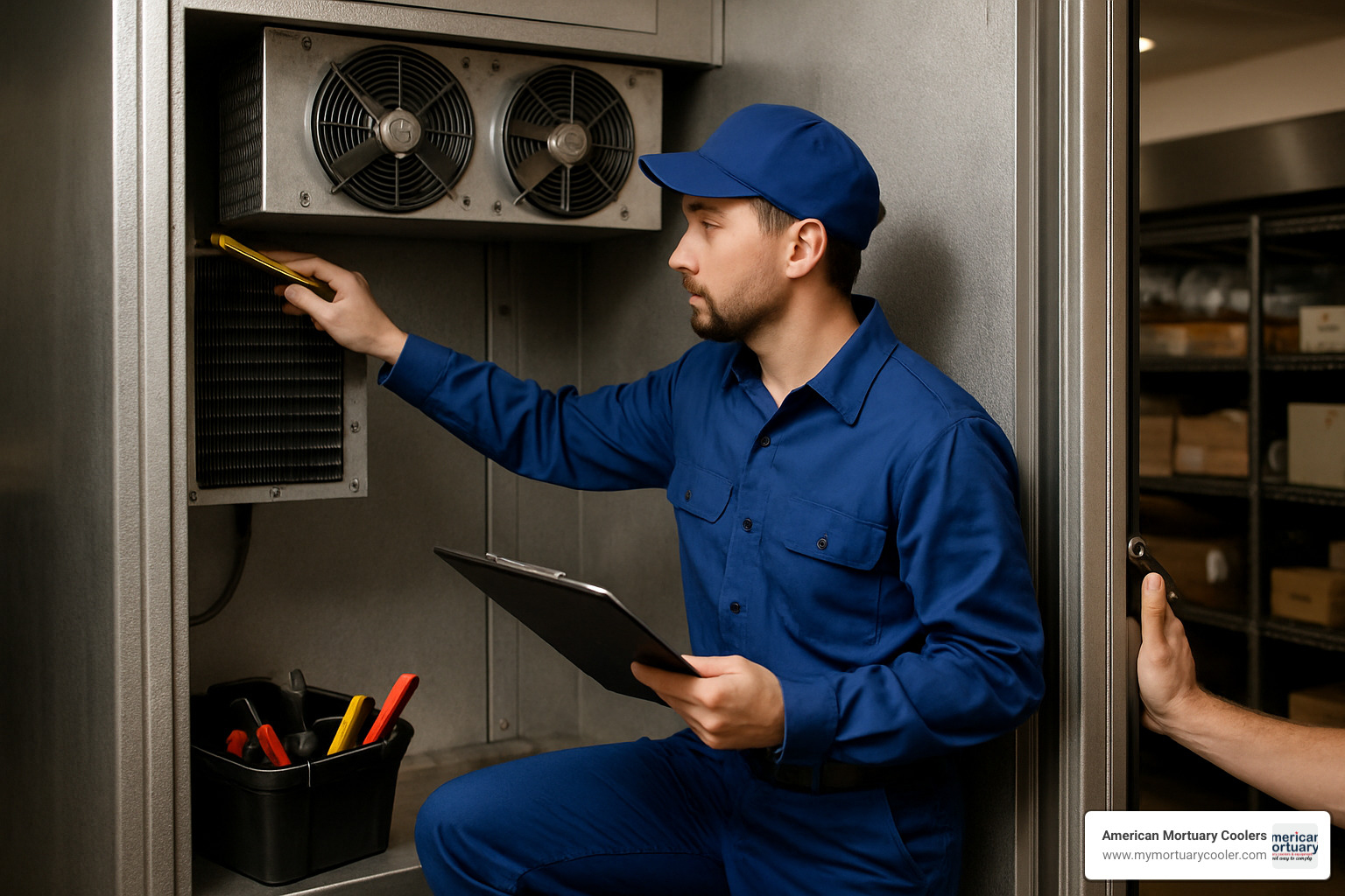 Technician performing preventive maintenance on walk-in cooler components including coil cleaning and gasket inspection - indoor walk in cooler Technician performing preventive maintenance on walk-in cooler components including coil cleaning and gasket inspection - indoor walk in cooler
