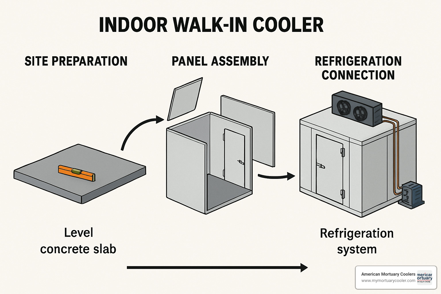 Step-by-step installation diagram showing site preparation, panel assembly, and refrigeration system connection - indoor walk in cooler Step-by-step installation diagram showing site preparation, panel assembly, and refrigeration system connection - indoor walk in cooler