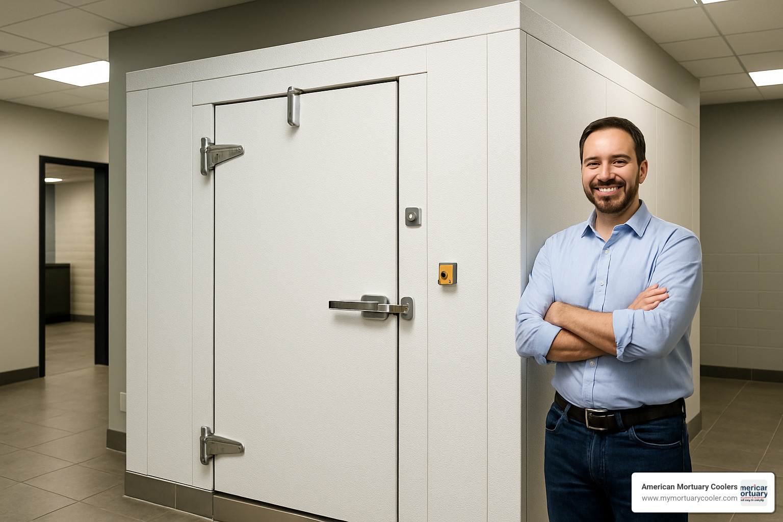 Satisfied business owner standing next to their newly installed walk-in cooler, showing the professional installation and clean integration with their facility - indoor walk in cooler Satisfied business owner standing next to their newly installed walk-in cooler, showing the professional installation and clean integration with their facility - indoor walk in cooler