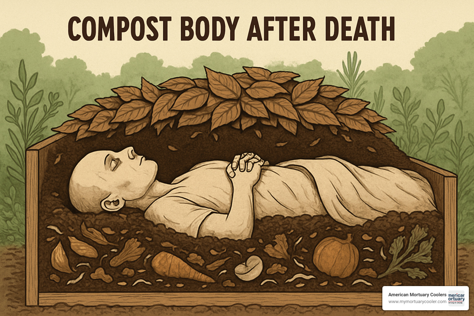 Cross-section diagram of a human composting vessel showing the body surrounded by wood chips, alfalfa, and straw layers, with aeration systems and temperature monitoring equipment - compost body after death