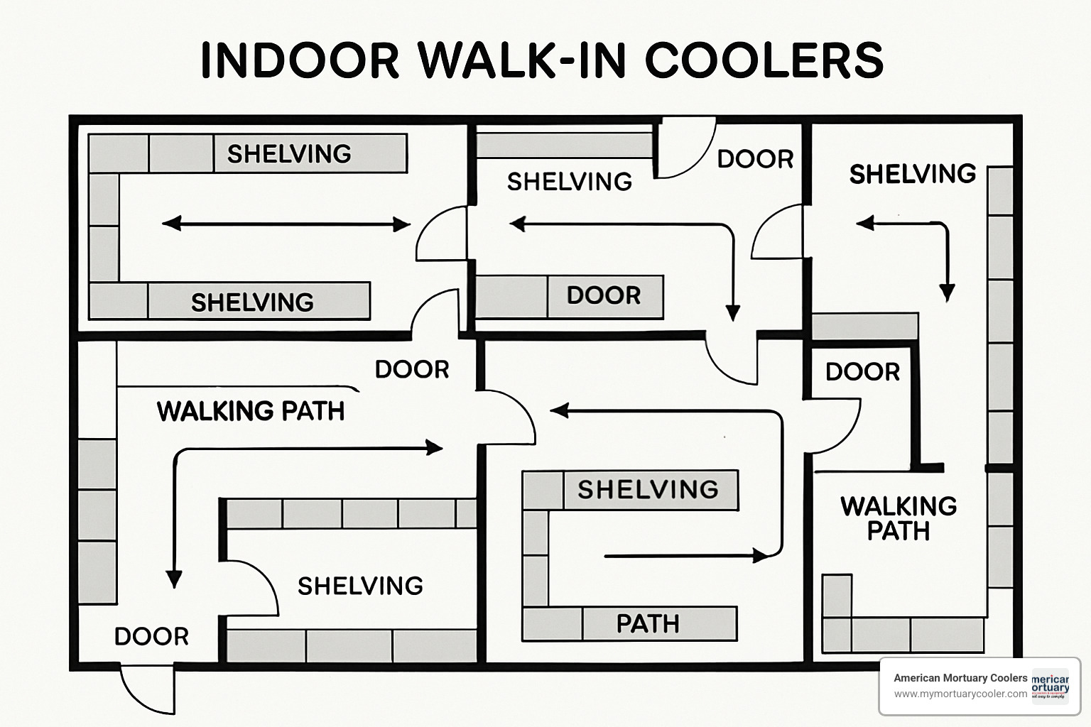 Floor plan diagram showing optimal shelving layout and workflow patterns inside different sized walk-in coolers - indoor walk in cooler Floor plan diagram showing optimal shelving layout and workflow patterns inside different sized walk-in coolers - indoor walk in cooler