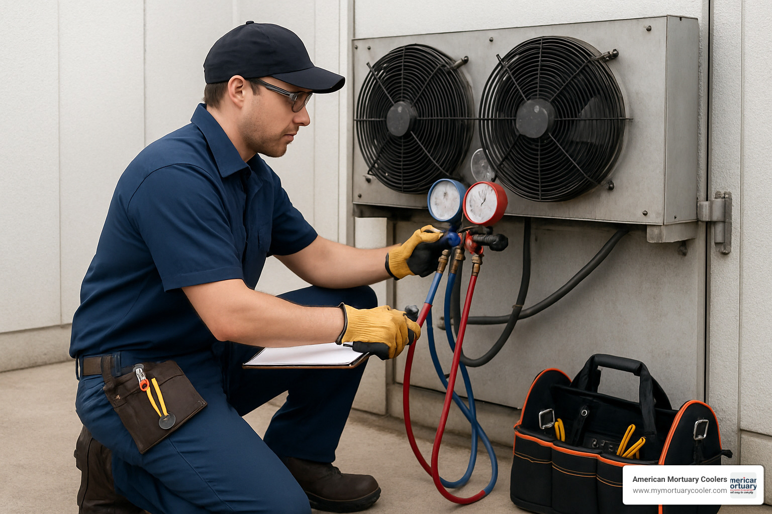 technician servicing condenser unit - commercial walk in freezer cost