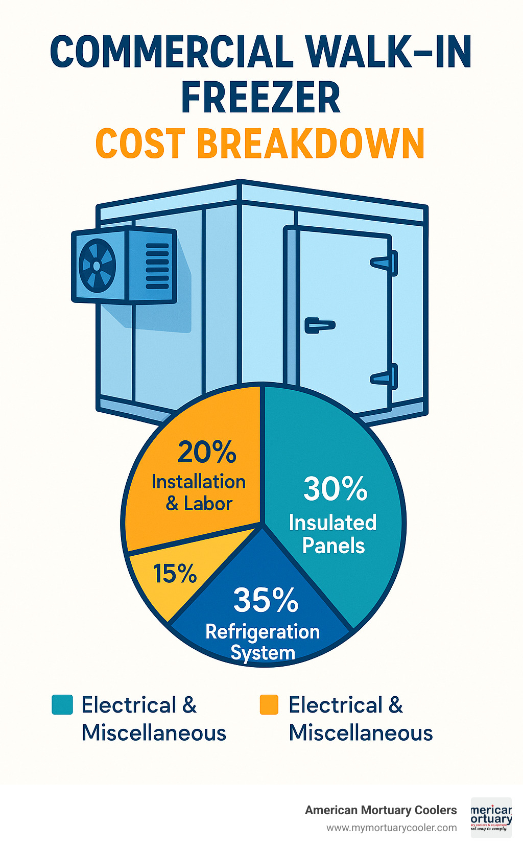 Commercial Walk-In Freezer Cost Breakdown: Refrigeration System 35%, Insulated Panels 30%, Installation & Labor 20%, Electrical & Miscellaneous 15% - commercial walk in freezer cost infographic 