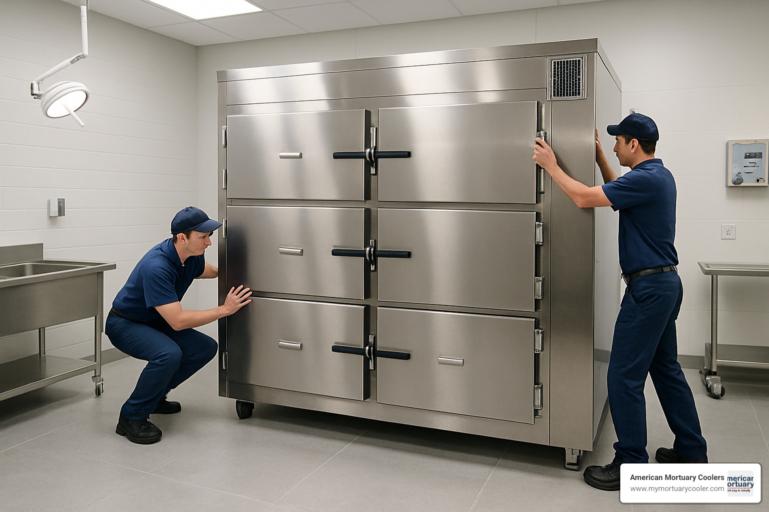 Professional installation of a 6-body mortuary freezer system in a modern funeral home facility - body freezer for sale