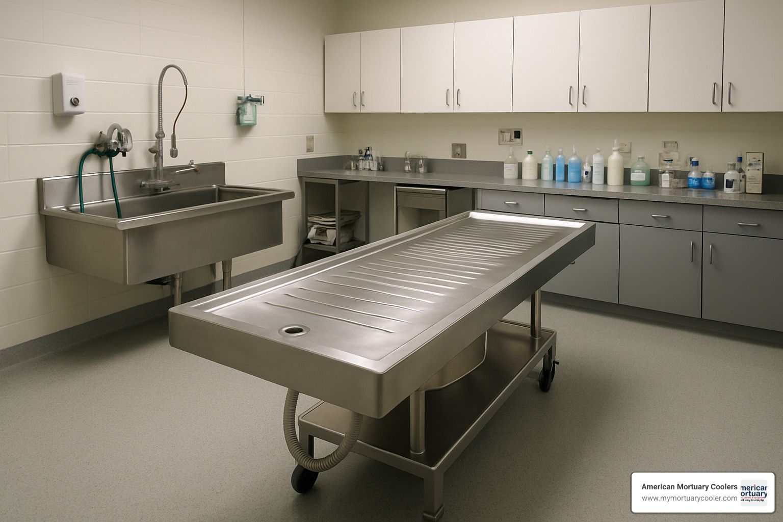 stainless steel embalming table in professional mortuary preparation room - mortury