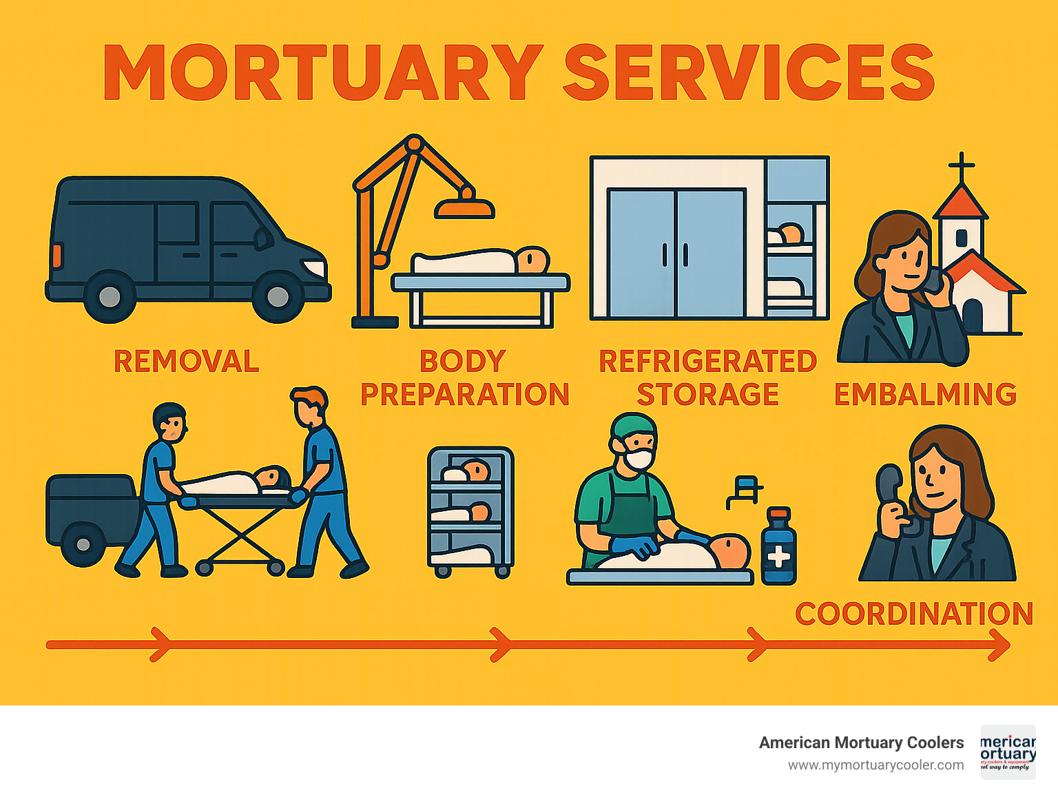 Comprehensive infographic showing the complete mortuary service workflow from initial removal through body preparation, refrigerated storage, embalming processes, and final coordination with funeral homes, including timeline and equipment used at each stage - mortury infographic 