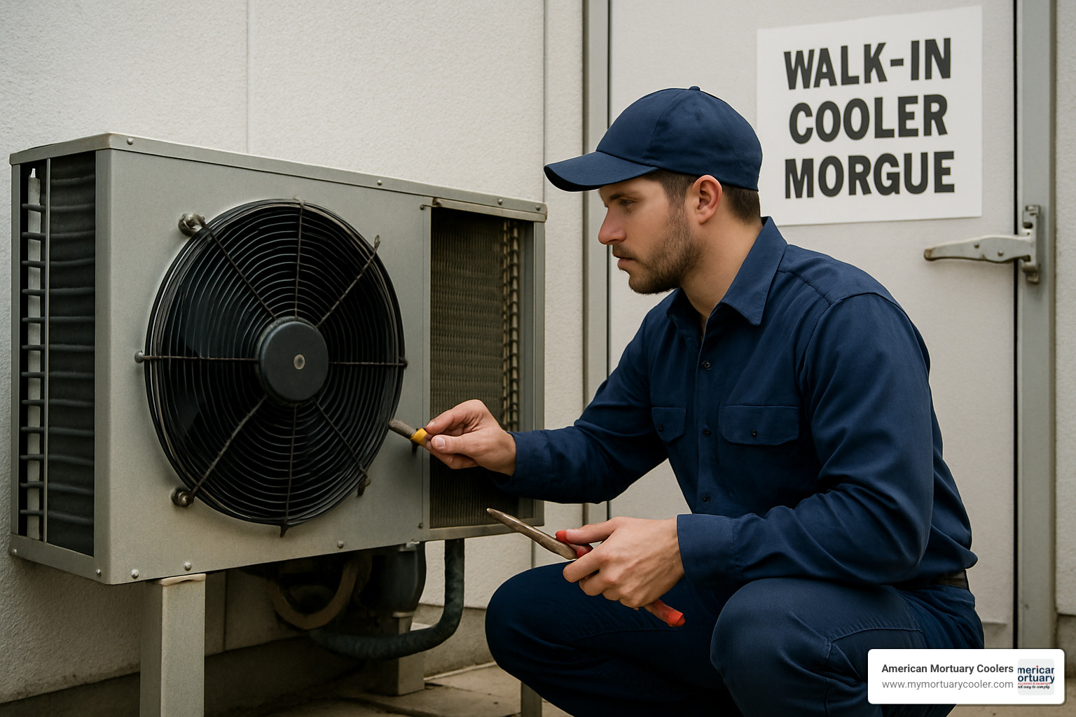 Technician performing routine maintenance on walk-in cooler condensing unit - walk in cooler morgue