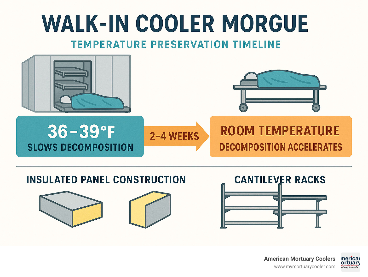 Infographic showing walk-in cooler morgue temperature preservation timeline: 36-39°F slows decomposition allowing 2-4 weeks storage time, compared to room temperature where decomposition accelerates within 24-48 hours, with visual breakdown of insulated panel construction and cantilever rack configurations - walk in cooler morgue infographic 