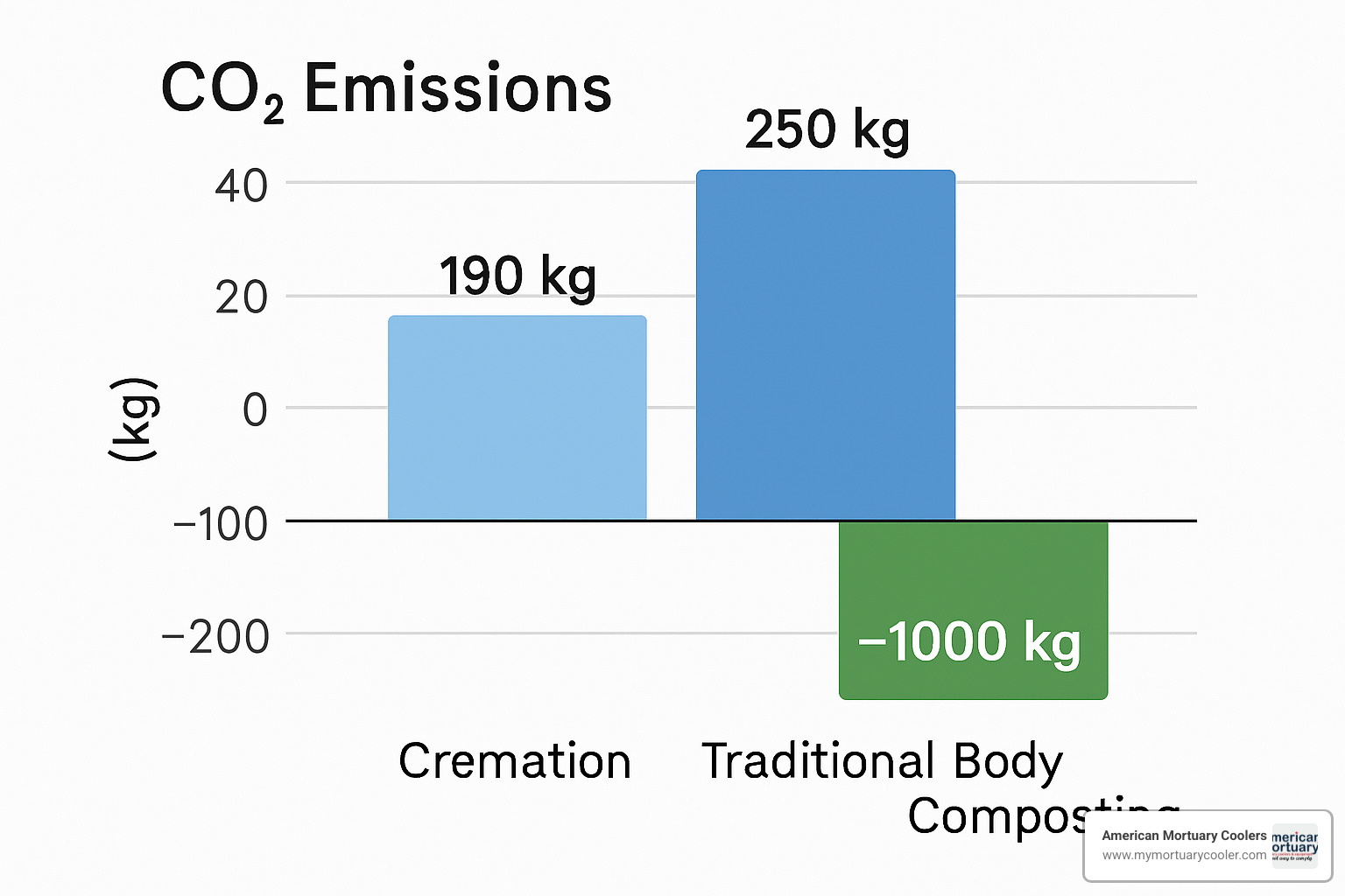 CO2 emissions comparison chart showing cremation at 190kg, burial at 250kg, and body composting at negative 1000kg due to carbon sequestration - body composting after death