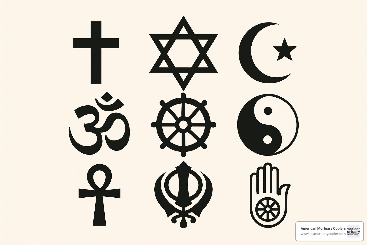 Multi-faith religious symbols including cross, star of david, crescent moon, dharma wheel, and others - body composting after death