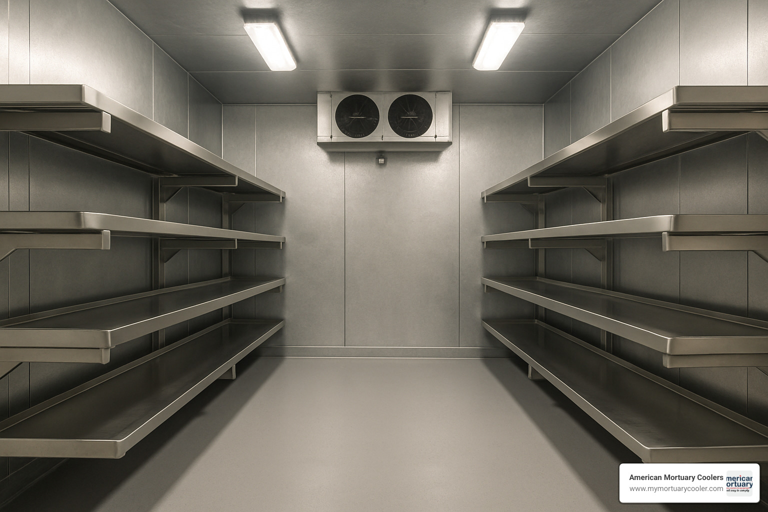 Three-tier cantilever rack system inside walk-in cooler - walk in cooler morgue