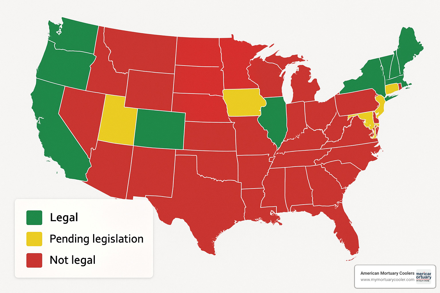 US map showing states where body composting is legal in green, pending in yellow, and not legal in red - body composting after death