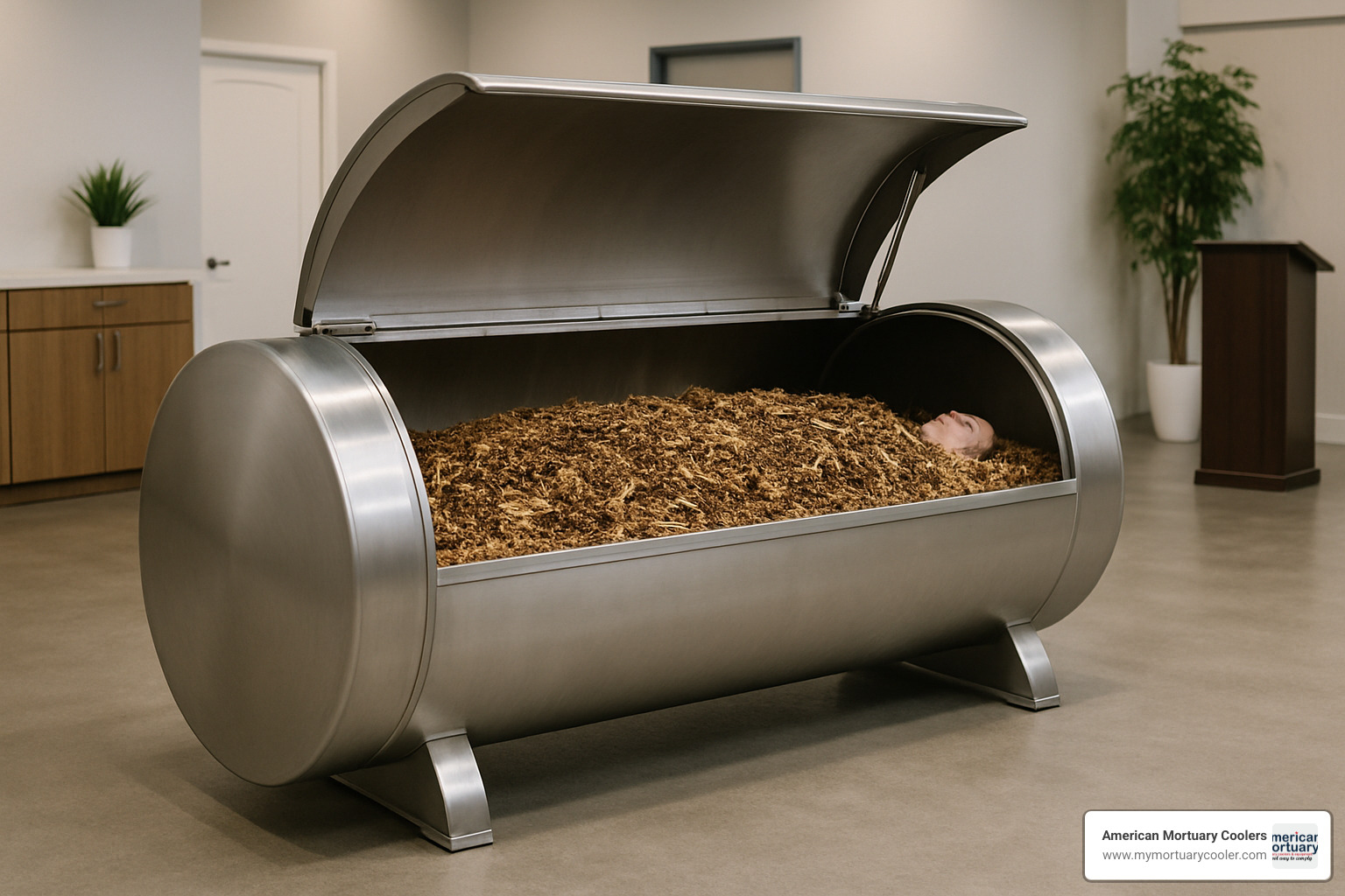 Stainless steel human composting vessel with organic materials - body composting after death